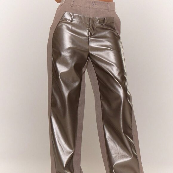 Grey Casual Women's Faux Leather Panel Trousers - Picture 3 of 5